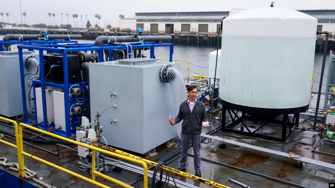 Dante Simonetti of UCLA explains a technology dubbed SeaChange on April 12, 2023, in San Pedro, California. (AP Photo/Ashley Landis)