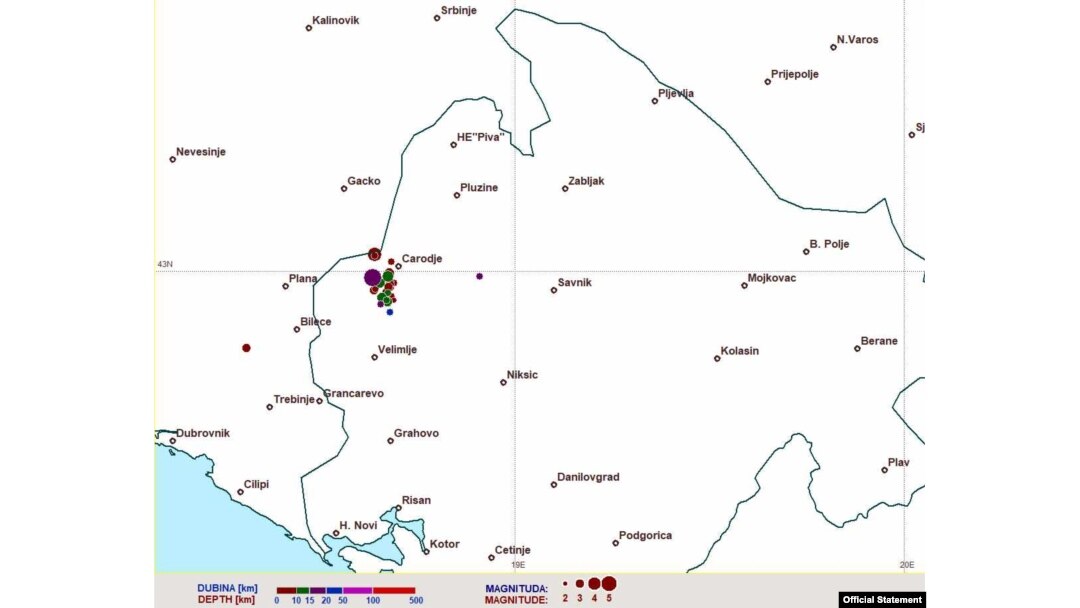 Mapa Crne Gore sa označenim epicentrom serije zemljotresa koji su pogodili istok Crne Gore rano izjutra 14. marta 2024. (Foto: Zavod za seizmologiju Crne Gore)