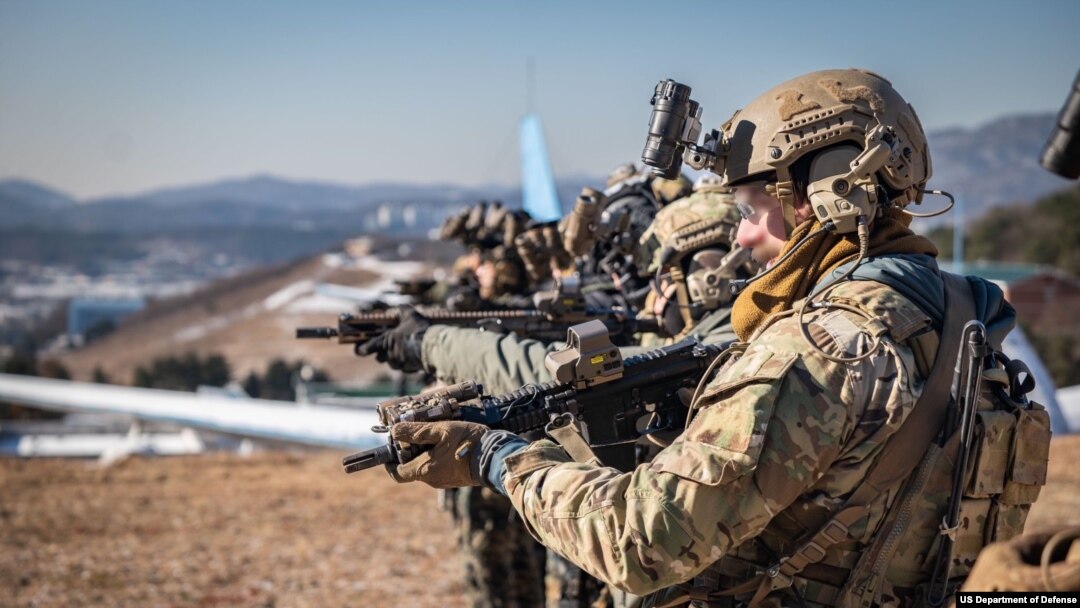 U.S. and South Korea soldiers train Dec. 22, 2023, at the Republic of Korea Special Warfare School training range near Icheon, South Korea.