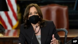 FILE - Vice President Kamala Harris speaks during a Cabinet meeting at the White House complex in Washington, April 13, 2022.