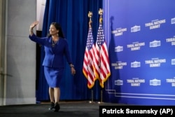 Interior Sec. Deb Haaland arrives at the White House Tribal Nations Summit at the Interior Dept. in Washington, Wednesday, Nov. 30, 2022.