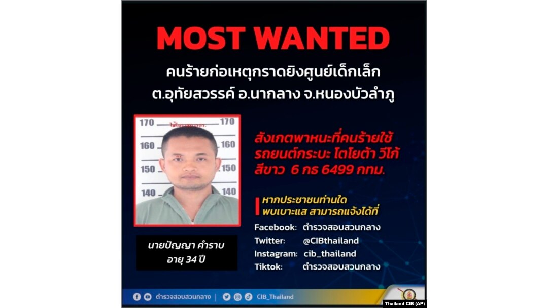 泰國警方發佈了在農磨蘭普府一所托兒所涉嫌製造一起惡性槍擊事件的凶嫌通緝令。(2022年10月6日)