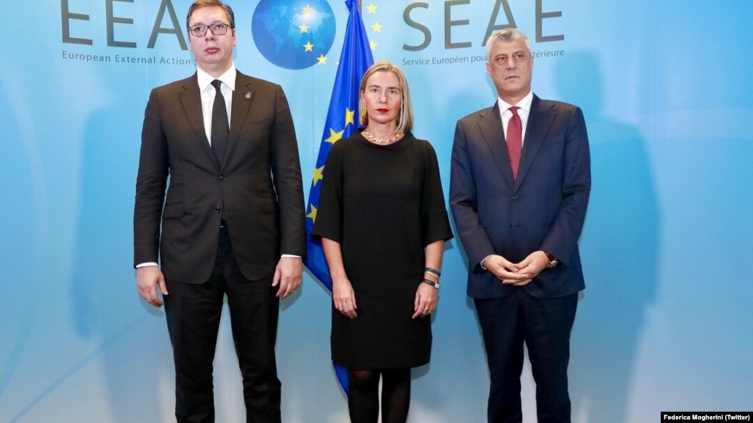 Aleksandar Vučić, Federika Mogerini, Hašim Tači - pregovarači i posrednica u dijalogu Beograda i Prištine
