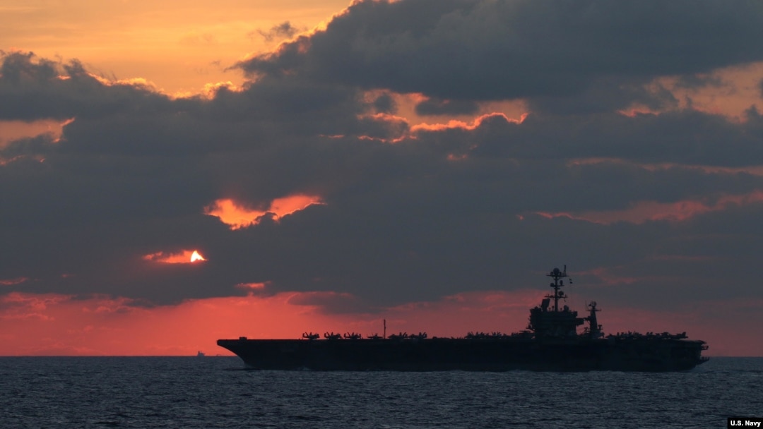 資料照片-美國海軍斯坦尼斯航空母艦在南中國海航行。 （2019年2月25號）