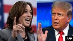 Démocrate Vice-présidente Kamala Harris na foto ya mopanzi ya mwasi, 3 sanza ya mwambe 2024, na républicain mokonzi ya kala Donald Trump na eye ya mopanzi ya mobali, na Raleigh, Caroline ya Nord, 26 sanza ya misato 2024. 