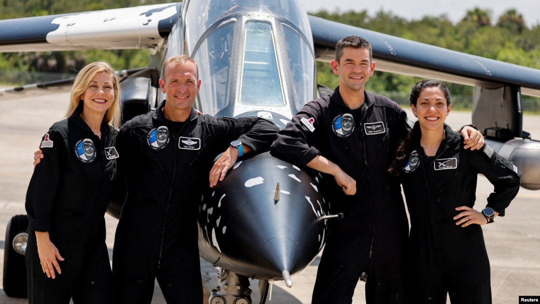 Anna Menon, Scott Poteet, Jared Isaacman and Sarah Gillis, crew members of Polaris Dawn, a private human spaceflight mission, attend a press conference at the Kennedy Space Center in Cape Canaveral, Florida, U.S. August 19, 2024. (REUTERS/Joe Skipper)