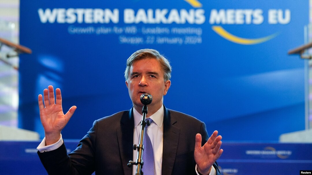 Džejms O’Brajen tokom sastanka sa liderima zapadnobalkanskih zemalja u Skoplju, 22. januara 2024. godine. (Foto: Rojters/Ognen Teofilovski)
