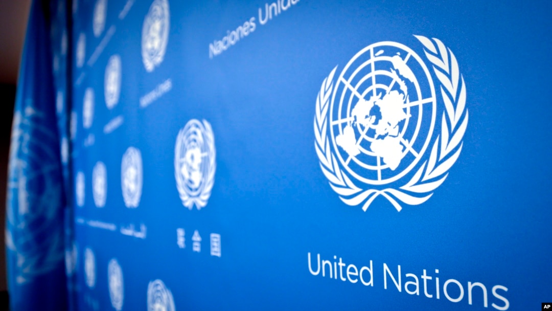 ARCHIVO- Patrón del logo de Naciones Unidas durante una conferencia de prensa en la sede la organización mundial. Nueva York, 3 de septiembre de 2013. (AP Photo/Bebeto Matthews)