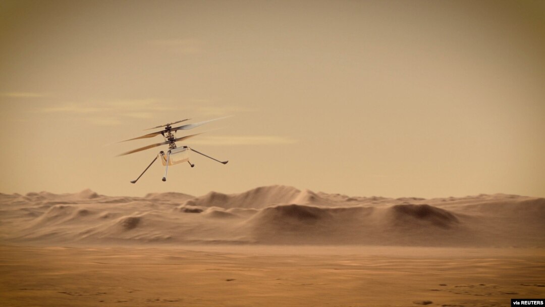 El helicóptero Ingenuity de la NASA vuela sobre Marte en una ilustración del Laboratorio de Propulsión a Chorro de Pasadena, California. Foto: NASA/JPL via Reuters.