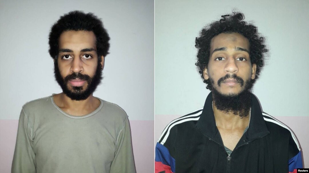 FILE - A combination picture released Feb. 9, 2018, shows Alexanda Kotey and El Shafee Elsheikh in undated handout pictures in Amouda, Syria. 