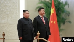 中國國家主席習近平在北京與北韓領導人金正恩見面。(2019年1月10日北韓朝中社發佈)