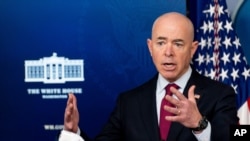 Homeland Security Secretary Alejandro Mayorkas speaks during a press briefing at the White House, Monday, March 1, 2021, in Washington. (AP Photo/Andrew Harnik)