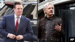 Esta composición fotográfica muestra al exjefe de campaña de Trump, Paul Manafort (izquierda), y al fundador de WikiLeaks Julian Assange.